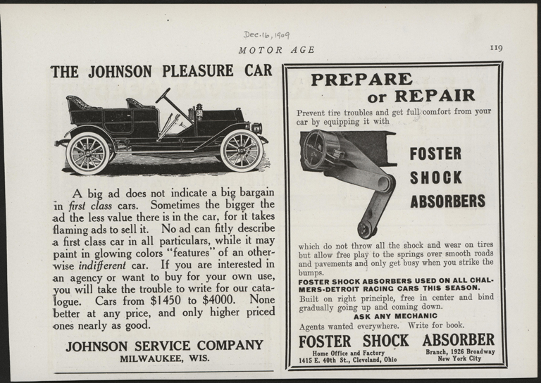 Johnson Service Company, Milwaukee, WI, December 16, 1909, Motor Age Magazine, P. 119, Conde Collection.